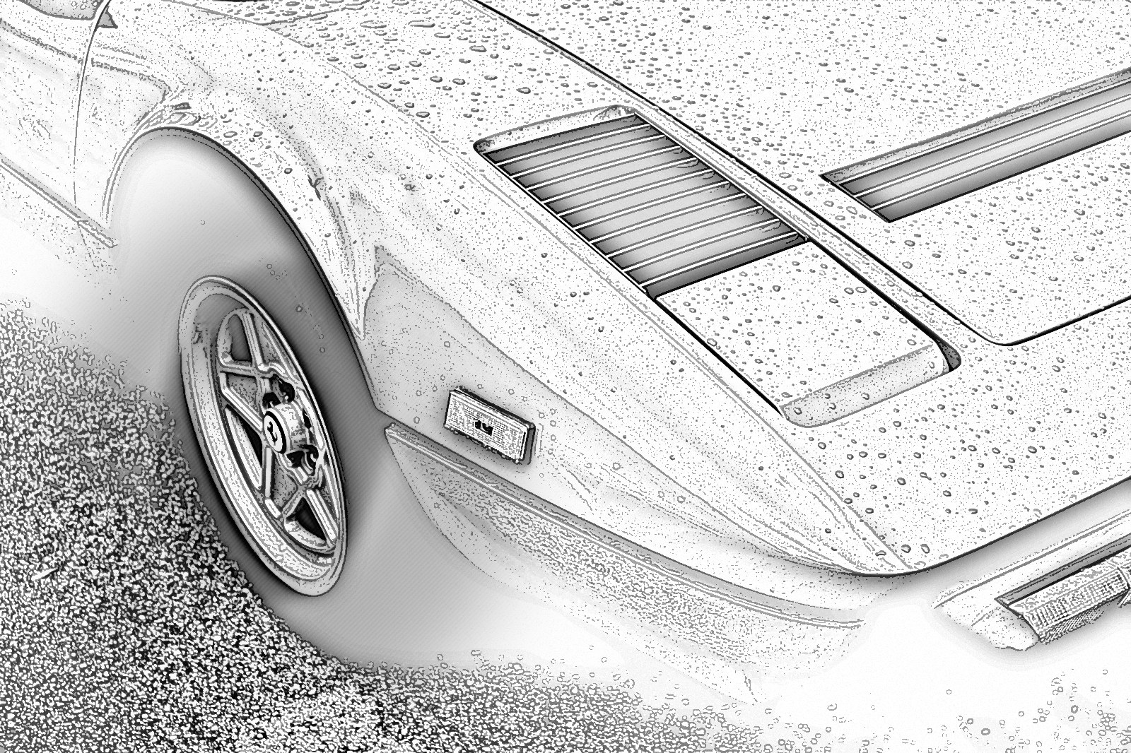 Pencil-style rendering of a classic Italian sports car in the rain, front wheel and louvred bonnet in close-up
